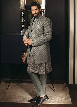 Prince Coat Paired with Embroidered Kurta and Raw Silk Pants - GR0053