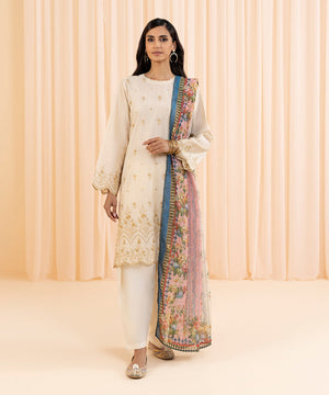 Womens Eid Pret Beige Embroidered Lawn Two Piece Suit