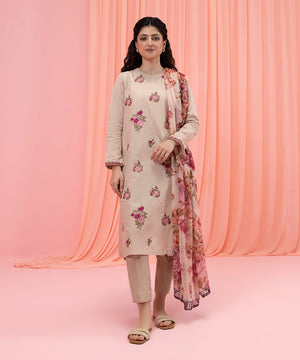 Womens Eid Pret Beige Embroidered Self Jacquard Two Piece Suit