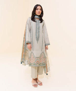 3 Piece - Embroidered Cotton Satin Suit