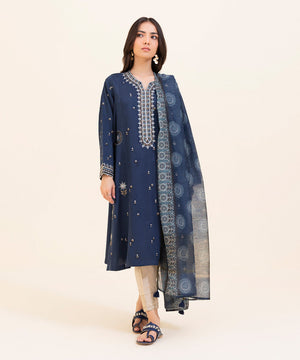 2 Piece - Embroidered Cotton Satin Suit