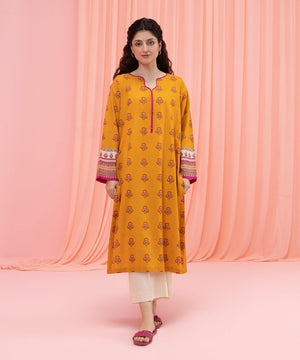 Womens Eid Pret Yellow Printed Textured Cotton Shirt