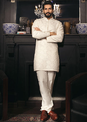 Embroidered Traditional Kurta Paired with Raw Silk Pants - GR0052