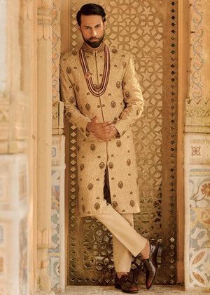 Traditionally Embroidered Beige Sherwani - GR0069