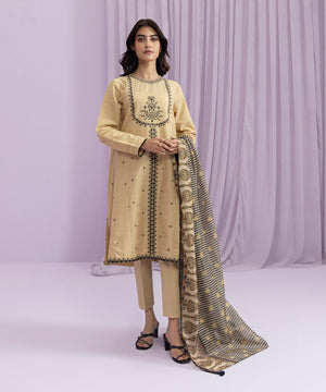 Womens Eid Pret Beige Embroidered Self Jacquard Three Piece Suit