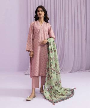 Womens Eid Pret Pink Embroidered Dobby Three Piece Suit