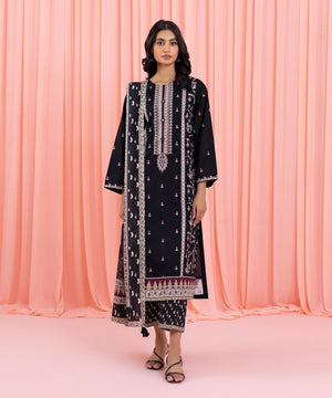 Womens Eid Pret Black Embroidered Dobby Three Piece Suit