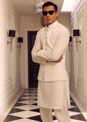 Embroidered Waistcoat in White Paired with a Kurta and Pajama - GR0024