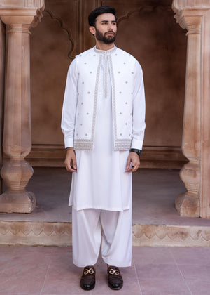 Regular Fit Kurta Shalwar with Waist Coat - Off White - 29