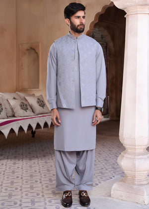 Regular Fit Kurta Shalwar with Waist Coat - Grey - 31