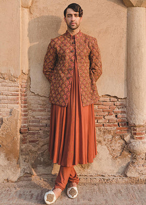 Handcrafted Rust Prince Coat with Rajasthani Kurta and Pajama - GR0072
