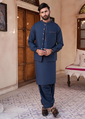 Regular Fit Kurta Shalwar with Waist Coat - Royal Blue - 32