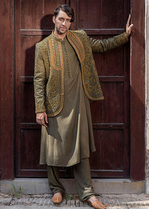 Handcrafted Green Prince Coat with Rajasthani Kurta & Pajama - GR0070