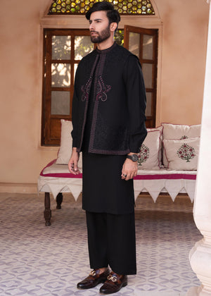 Regular Fit Kurta Shalwar with Waist Coat - Black - 33
