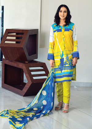 Bareeq Outfits - Bareeq Ladies Casual Wear Yellow and Blue Printed with Masoori Dupatta 2pcs
