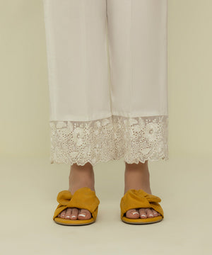 Womens Eid Pret White Embroidered Cambric Trousers