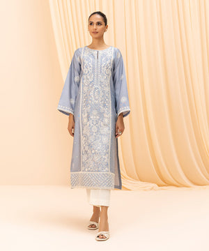 Womens Eid Pret Sky Blue Embroidered Silk Cotton Net Shirt