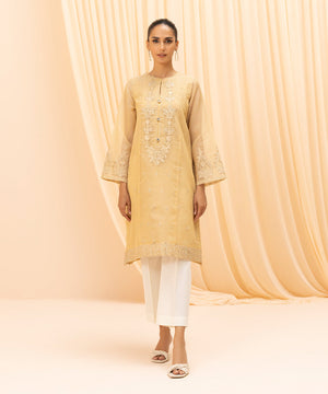 Womens Eid Pret Yellow Embroidered Silk Organza Zari Shirt