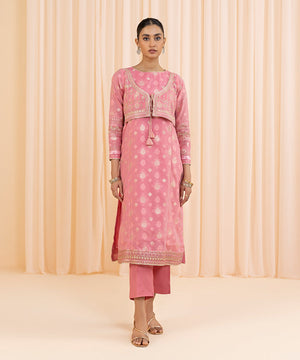Womens Eid Pret Pink Embroidered Kota Jacquard Two Piece Suit