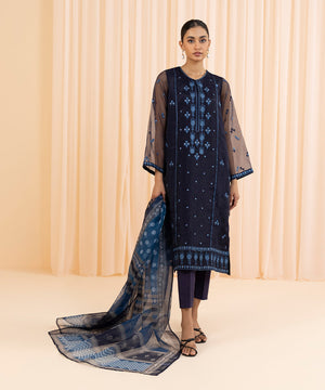 Womens Eid Pret Blue Embroidered Blended Organza Two Piece Suit