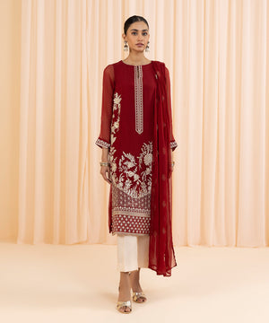 Womens Eid Pret Red Embroidered Blended Chiffon Two Piece Suit