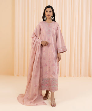 Womens Eid Pret Pink Embroidered Masoori Three Piece Suit