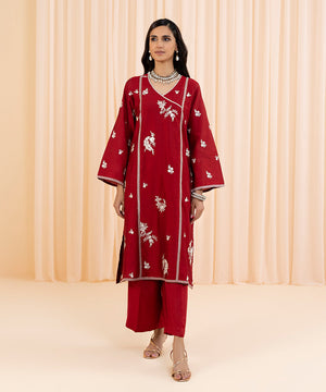 Womens Eid Pret Red Embroidered Silk Cotton Net Two Piece Suit