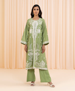 Womens Eid Pret Green Embroidered Silk Cotton Net Two Piece Suit