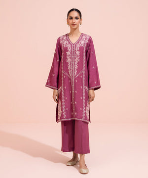 2 Piece - Embroidered Raw Silk Suit