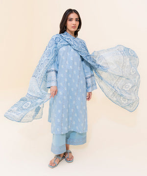 3 Piece - Embroidered Cotton Satin Suit