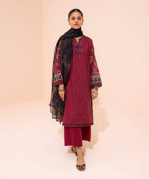 3 Piece - Embroidered Cotton Satin Suit