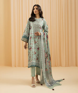 Womens Eid Pret Green Embroidered Blended Grip Three Piece Suit