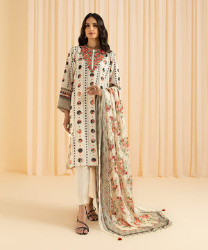 Womens Eid Pret Beige Embroidered Blended Grip Three Piece Suit