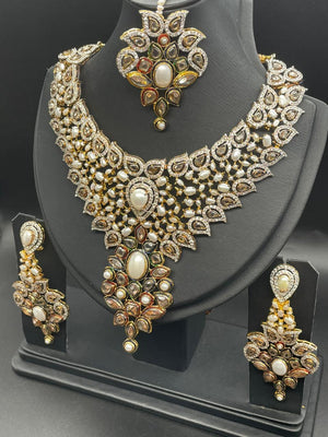 Antique Gold, Pearl White, Silver Champaign, Pearl, Zircons Necklace