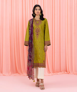 Womens Eid Pret Green Embroidered Self Jacquard Two Piece Suit