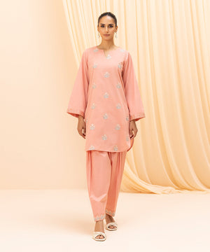 Womens Eid Pret Pink Embroidered Dobby Two Piece Suit