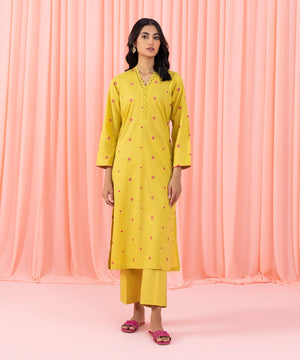 Womens Eid Pret Yellow Embroidered Dobby Two Piece Suit