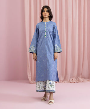 Womens Eid Pret Blue Embroidered Self Jacquard Two Piece Suit