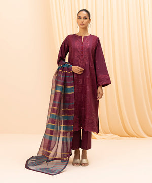 Womens Eid Pret Maroon Embroidered Cotton Satin Three Piece Suit