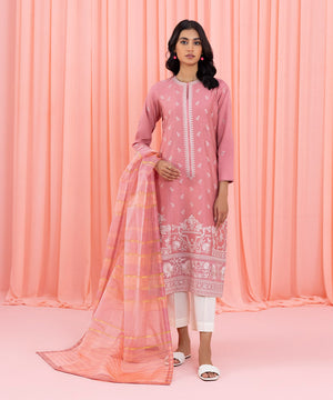 Womens Eid Pret Pink Embroidered Cotton Satin Two Piece Suit