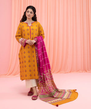 Womens Eid Yellow Printed Zari Cotton Dupatta