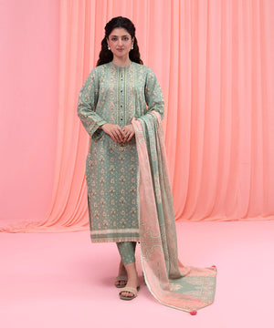 Womens Eid Green Embroidered Fine Voile Dupatta