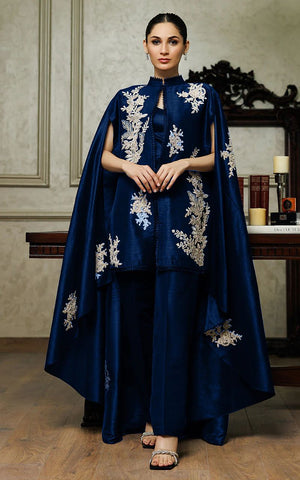 Embroidered Cape With Trouser - 8725 - Navy Blue