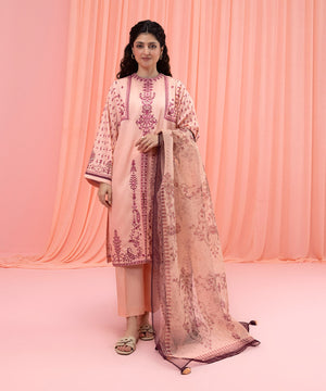 Womens Eid Pret Pink Embroidered Cotton Satin Three Piece Suit