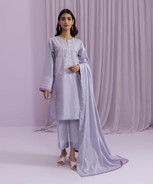 Womens Eid Pret Grey Embroidered Cotton Satin Three Piece Suit