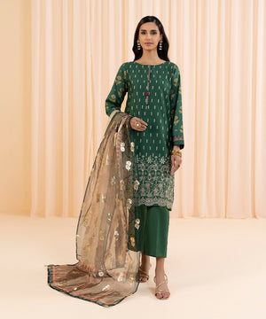 Womens Eid Pret Green Embroidered Cotton Satin Three Piece Suit