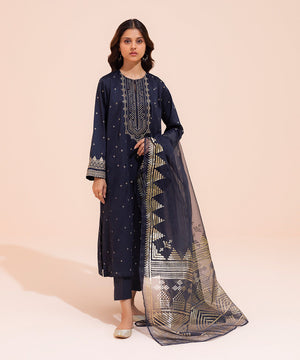 3 Piece - Embroidered Cotton Satin Suit