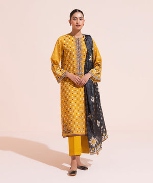 3 Piece - Embroidered Cotton Satin Suit