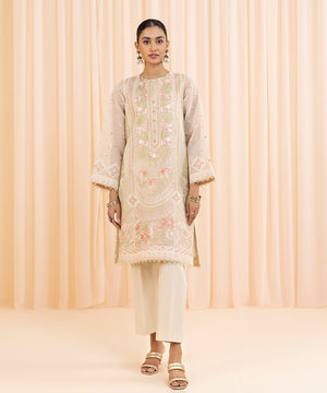 Womens Eid Pret Beige Embroidered Blended Karandi Shirt