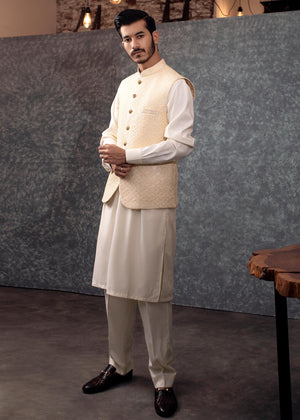 Munib Nawaz - Ivory shade self embroidered waistcoat - WC-2A KS-1A